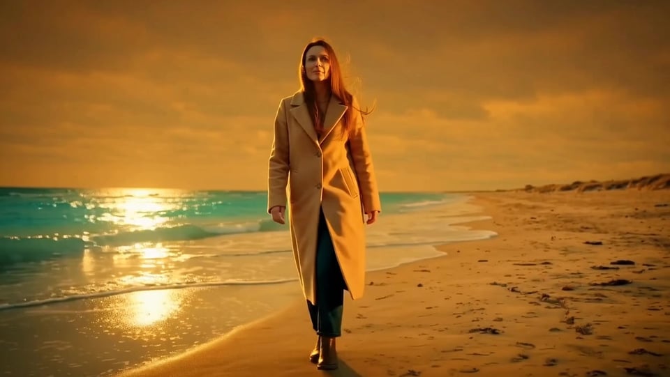 A woman in a long camel coat walks a grey overcast shore, restyled into golden-hour light with turquoise water and warm sand, her stride and the framing held — made with Imagera Flora Edit