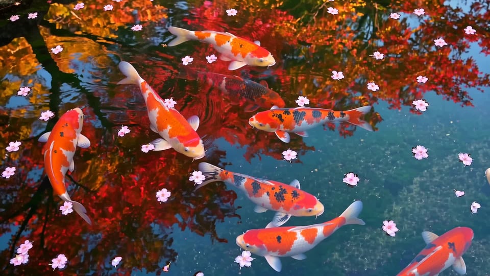 Koi turn beneath a still pond scattered with petals and red maple reflections. — made with Imagera Hermes Camera Control