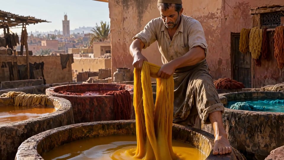 A tannery dyer lifts dripping saffron wool from a stone vat in low morning sun. — made with Imagera Hermes Max