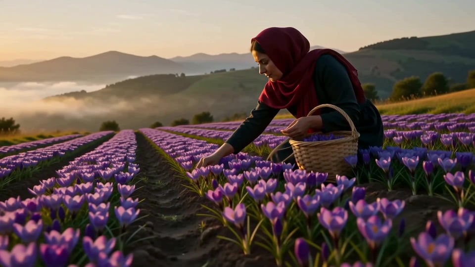 A woman harvests saffron among purple crocus in golden dawn light. — made with Imagera Hermes Turbo