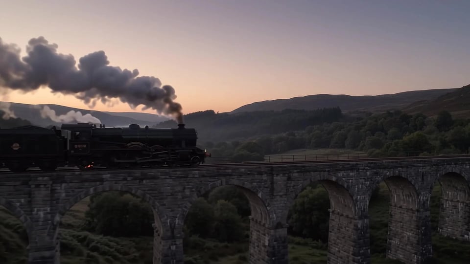 A train crossing a stone viaduct at dusk — made with Gemini Omni Flash 1.1