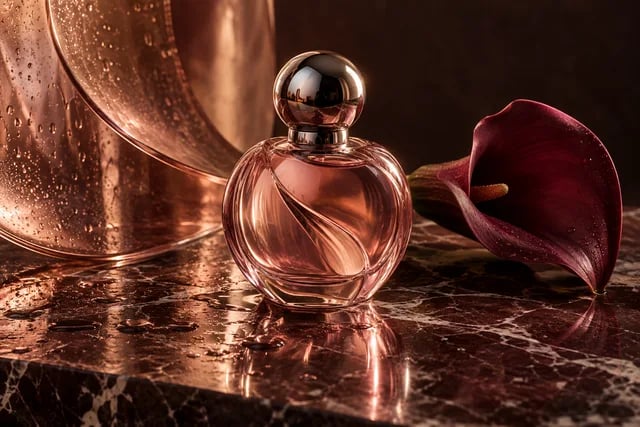 Blush glass perfume bottle on wet rose marble beside a burgundy calla lily