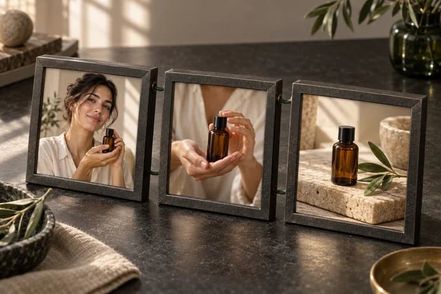 Original creator campaign illustration with connected frames of a woman presenting an amber bottle and product details