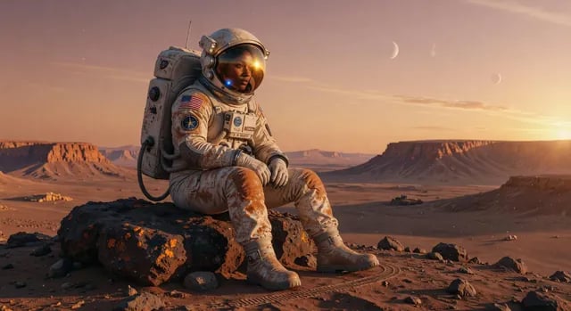 An astronaut seated on a rocky alien landscape in warm cinematic light