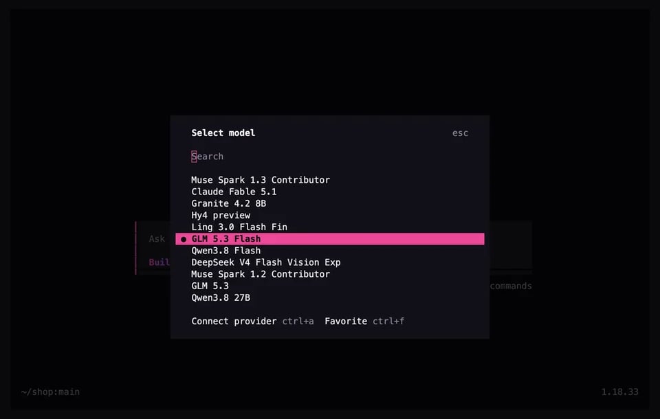 Terminal: the model picker with GLM 5.3 Flash selected
