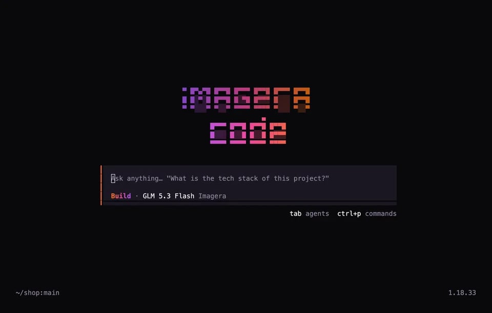 Terminal: the Imagera Code start screen with the prompt
