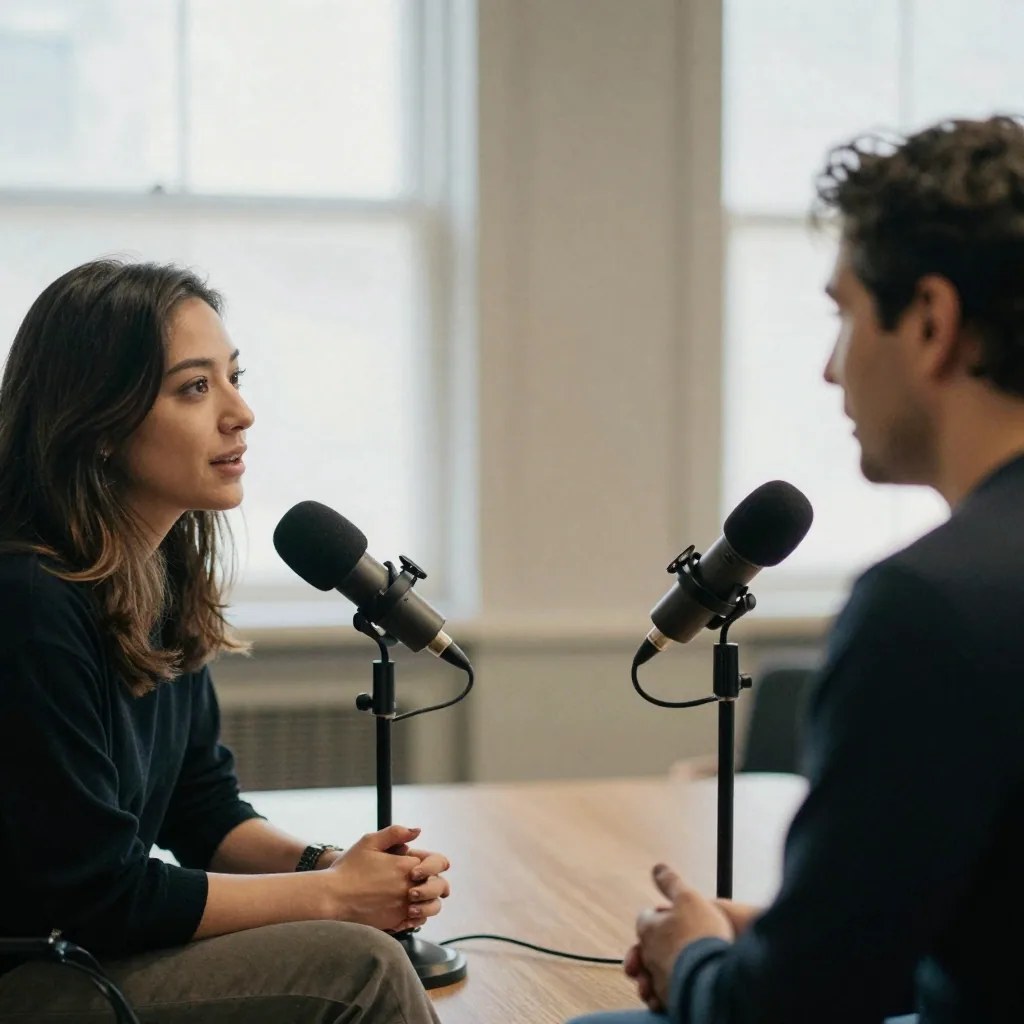 Two people sitting across a table from each other mid-interview in a bright room, a boom microphone on a stand in front of each of them, tall windows behind