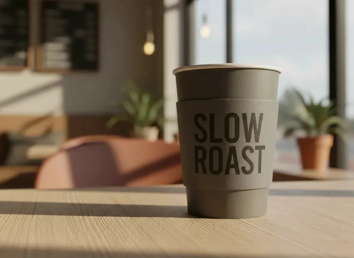 The same cup, sleeve, table and window light after the edit: the sleeve now reads SLOW ROAST in the same heavy condensed uppercase face, the same charcoal ink and the same slightly rough printed-on-card finish, set as the same two-line block