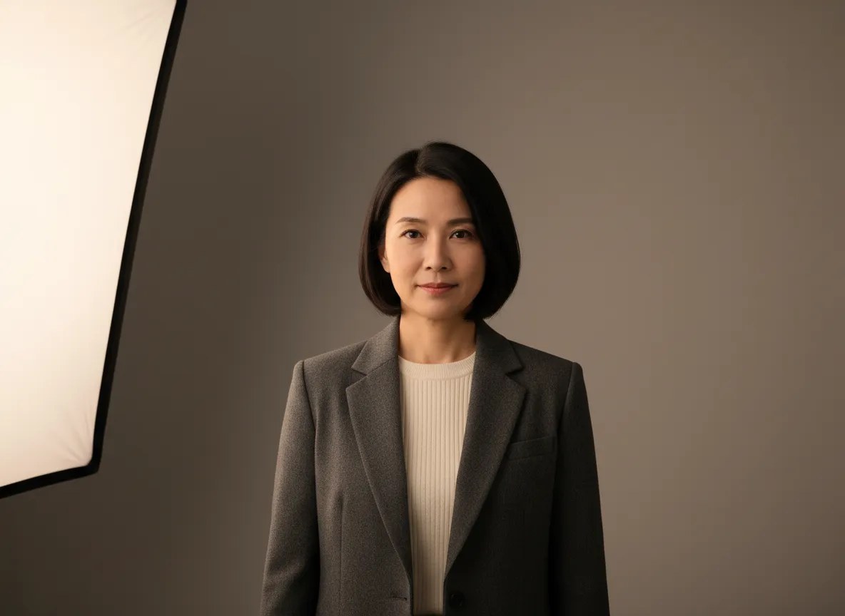 A woman with a dark bob in a brown wool blazer over a cream knit top, standing square to the camera in a photo studio, a softbox at the left edge of the frame and a plain warm-brown backdrop behind her