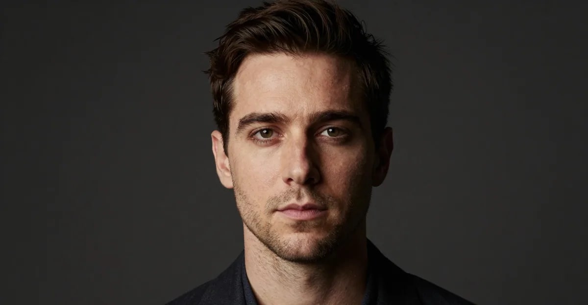 AI-generated editorial actor casting headshot with natural studio lighting on a dark background