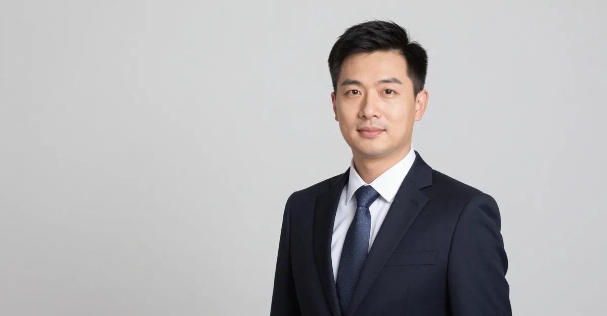 AI-generated corporate business headshot in formal attire on a clean neutral background