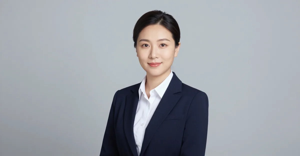 AI-generated professional LinkedIn headshot of a person in a navy blazer on a neutral studio background