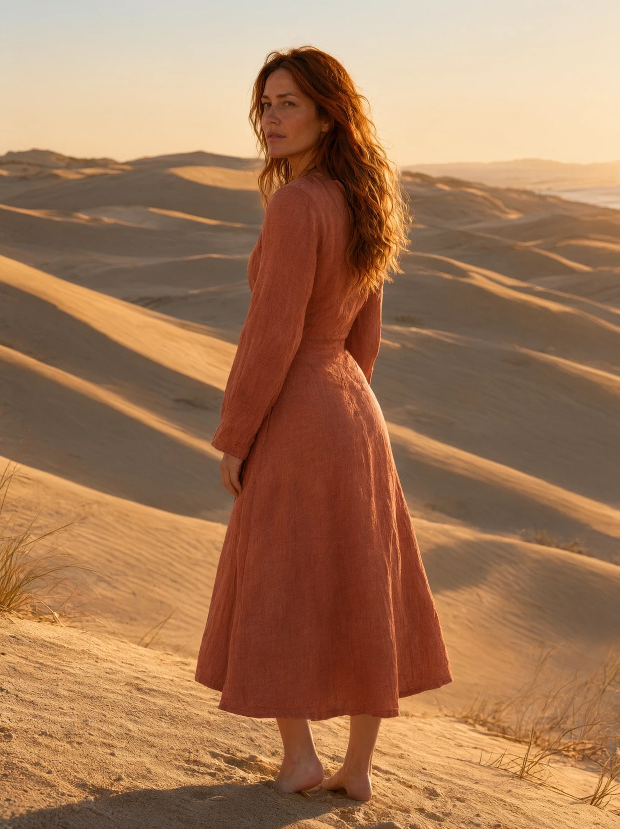 Adult woman with auburn hair on a sand dune at golden hour in a rust linen midi dress — the source frame