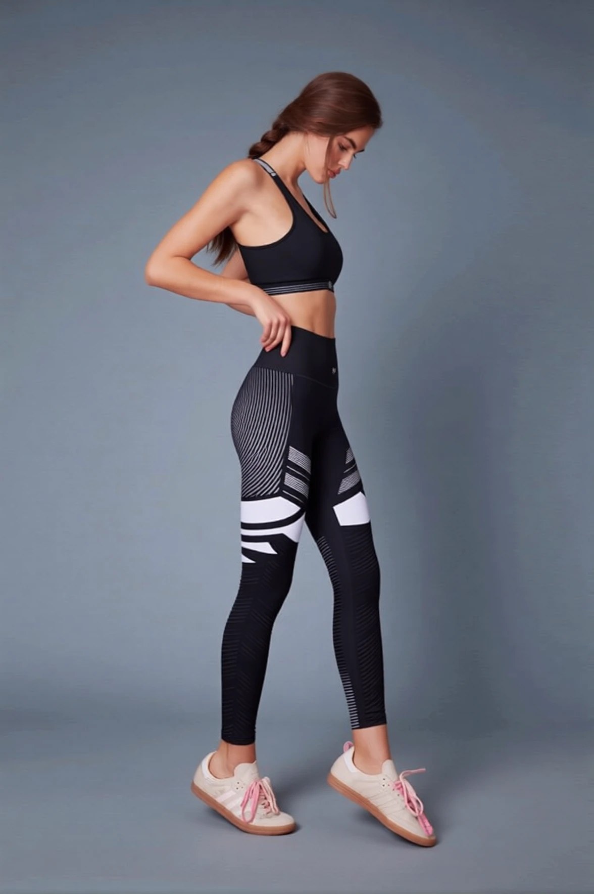 The same model, pose and light, with the set recolored to black with white and gray geometric panels across the hip and thigh, on a cool gray-blue backdrop