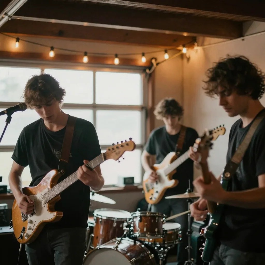 Three musicians playing electric guitars together in a garage rehearsal room strung with warm bulbs, a drum kit standing behind them and a microphone on a stand at the left