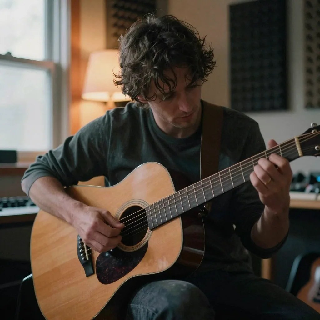 A man seated with an acoustic guitar in a dim studio, a lamp glowing behind him and acoustic panels on the wall
