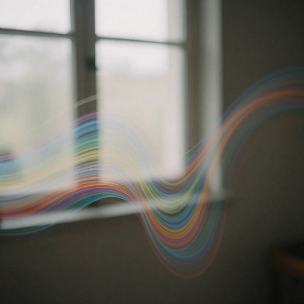 Long-exposure streaks of coloured light curving in a wave across a dim room, a bright window blurred behind them