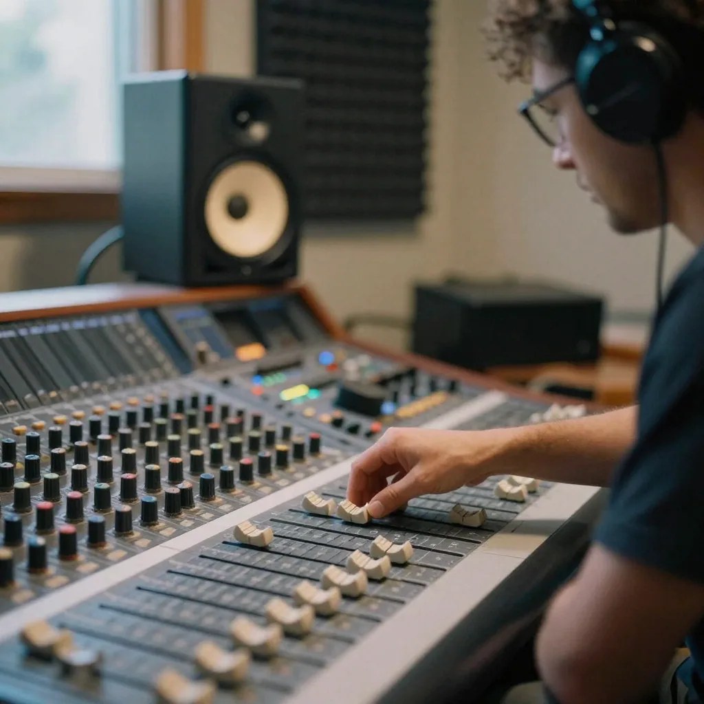 A producer in headphones and glasses reaching for one fader on a large analogue mixing desk, a studio monitor and an acoustic panel behind him