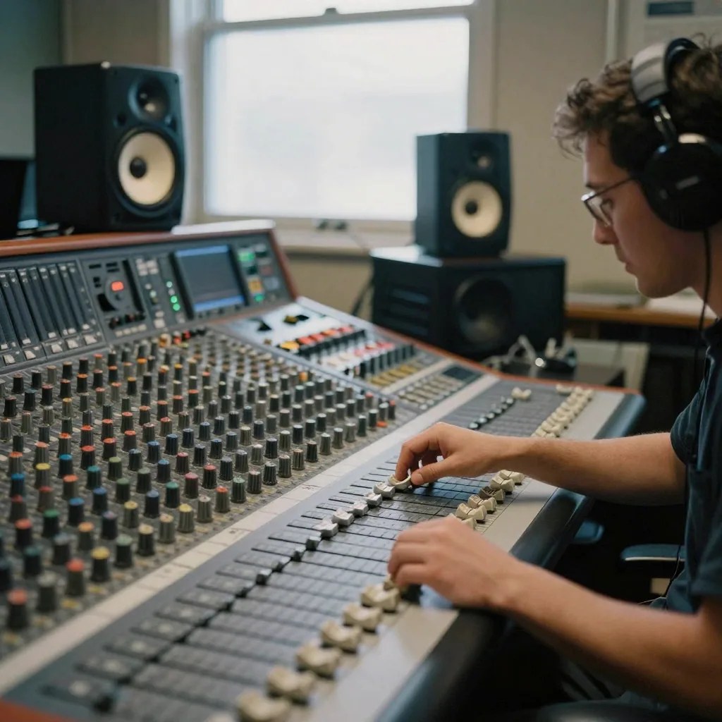 An engineer in headphones and glasses at a large analogue mixing console, both hands on the channel faders, nearfield monitors and a bright window behind him