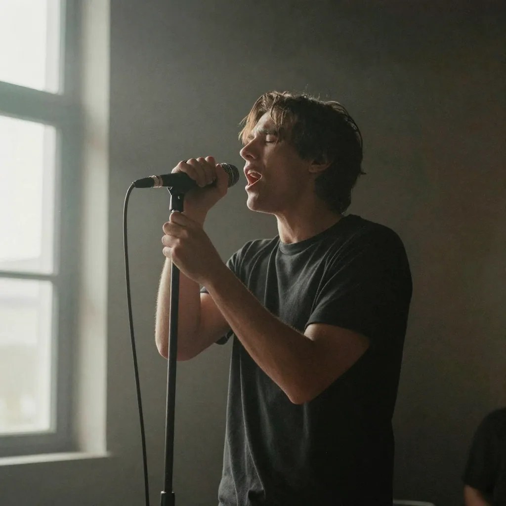 A singer in a dark tee gripping a handheld microphone on its stand, head tilted back and mouth open mid-line, hazy daylight from a tall window beside him