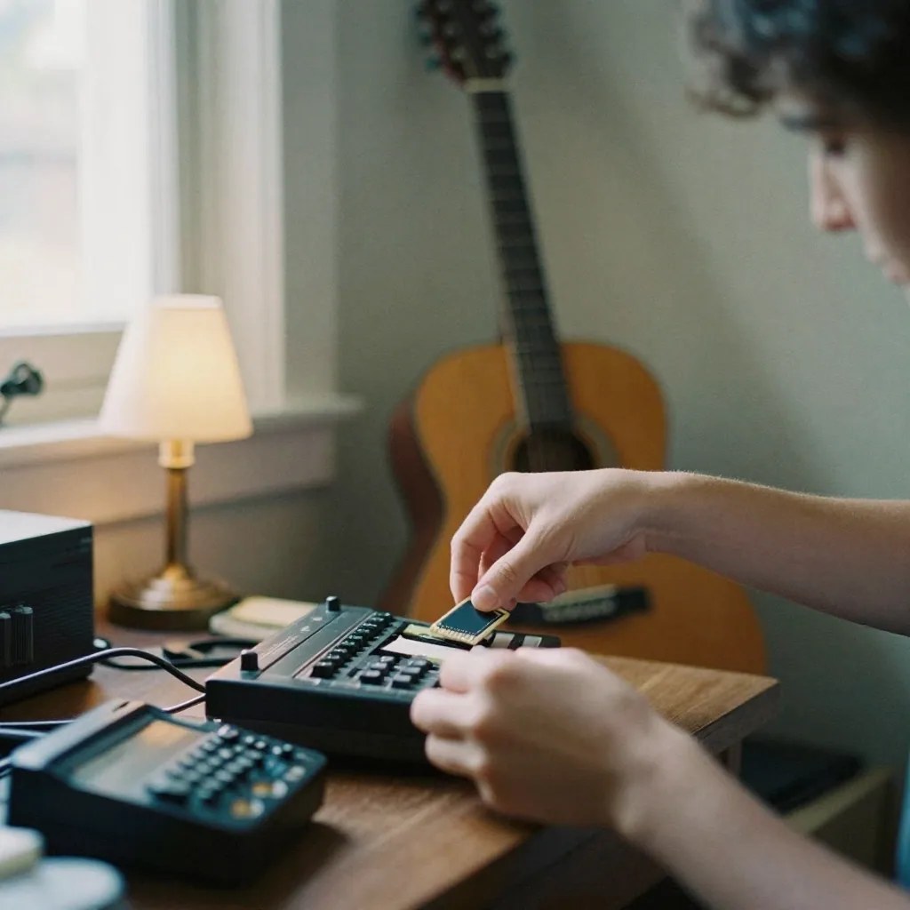 A musician at a home desk sliding a memory card into a small desktop sampler, an acoustic guitar propped against the wall behind them under a warm lamp