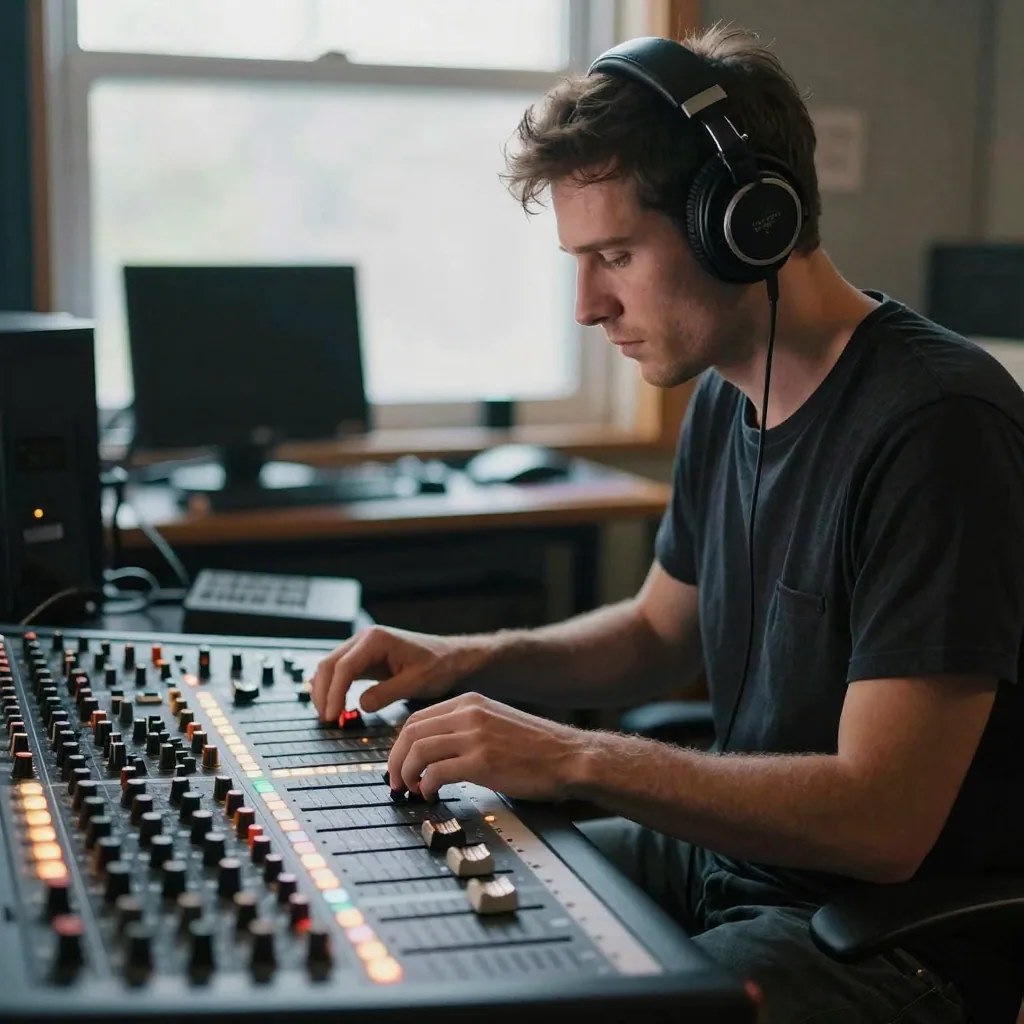 A producer in headphones working the faders of a lit analogue mixing console in a daylit room, a drum pad and monitor behind him