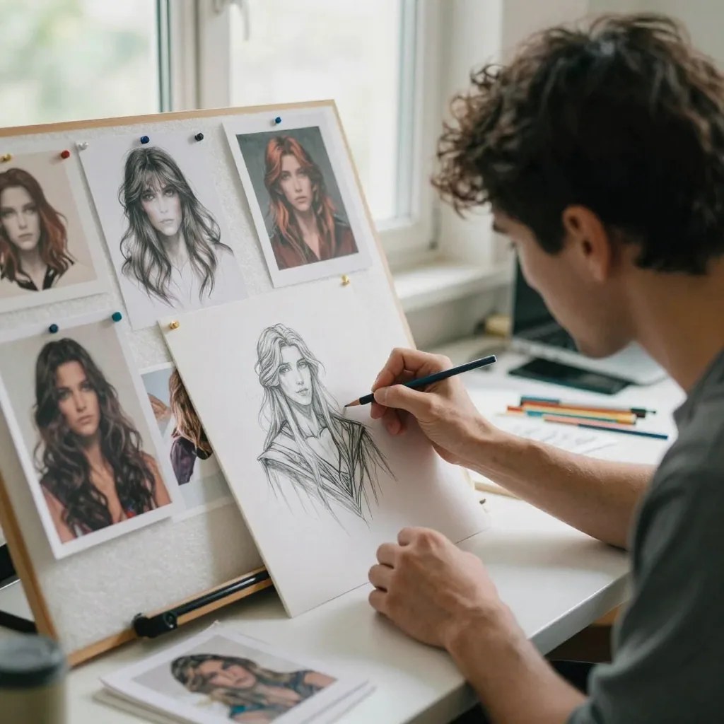 Illustration: a concept artist at a desk by a bright window, pencil-sketching a long-haired figure on a large sheet of paper, with finished colour portraits and pencil studies of several different characters pinned to the corkboard behind