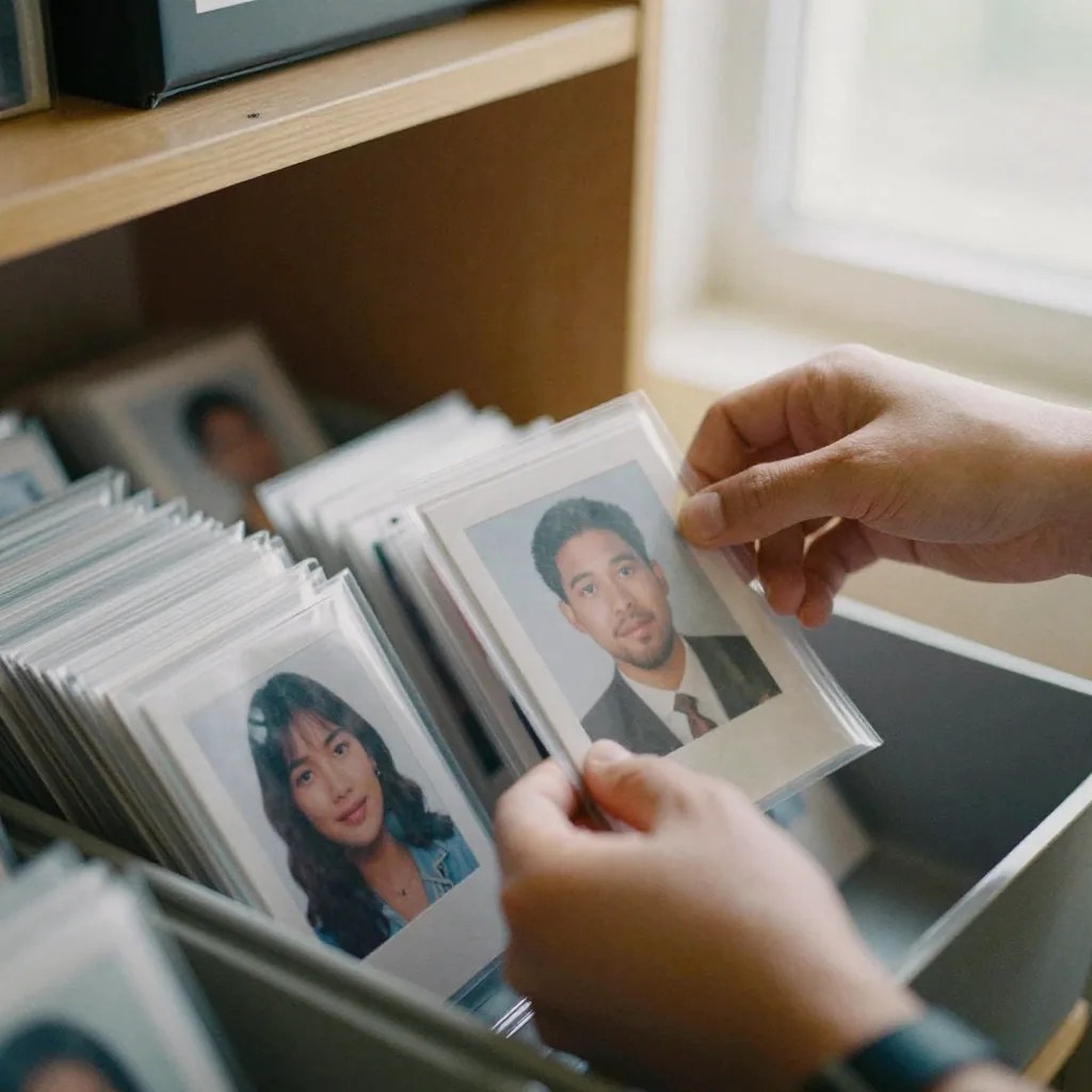 Illustration: a hand lifting one sleeved portrait card out of a wooden drawer packed with upright filed cards, each holding a portrait of a different person, with daylight from a window behind