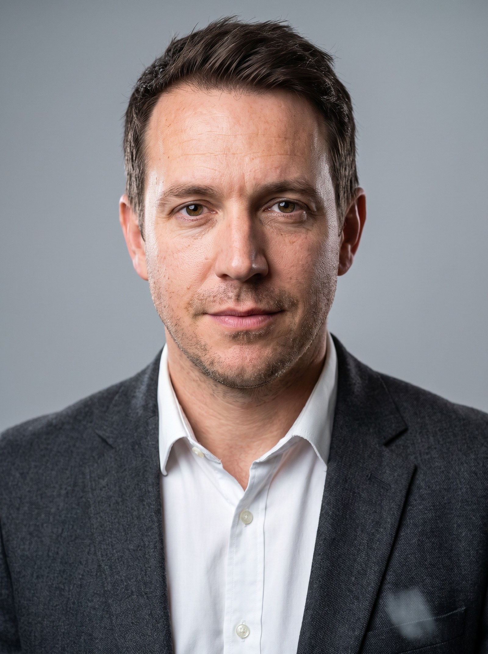 The same man as a studio headshot: charcoal blazer over a white shirt, soft grey backdrop, three-point studio lighting