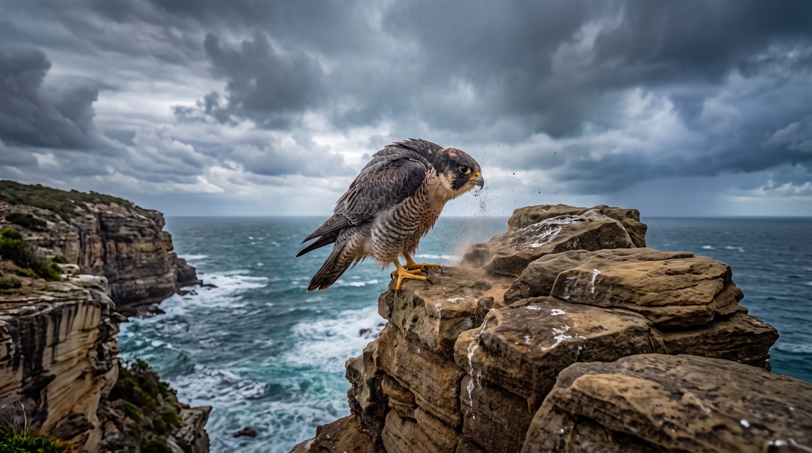 The same falcon, ledge and sea at the same size, expanded to a 16:9 frame with a new headland on the left, more cliff on the right and a wider storm sky