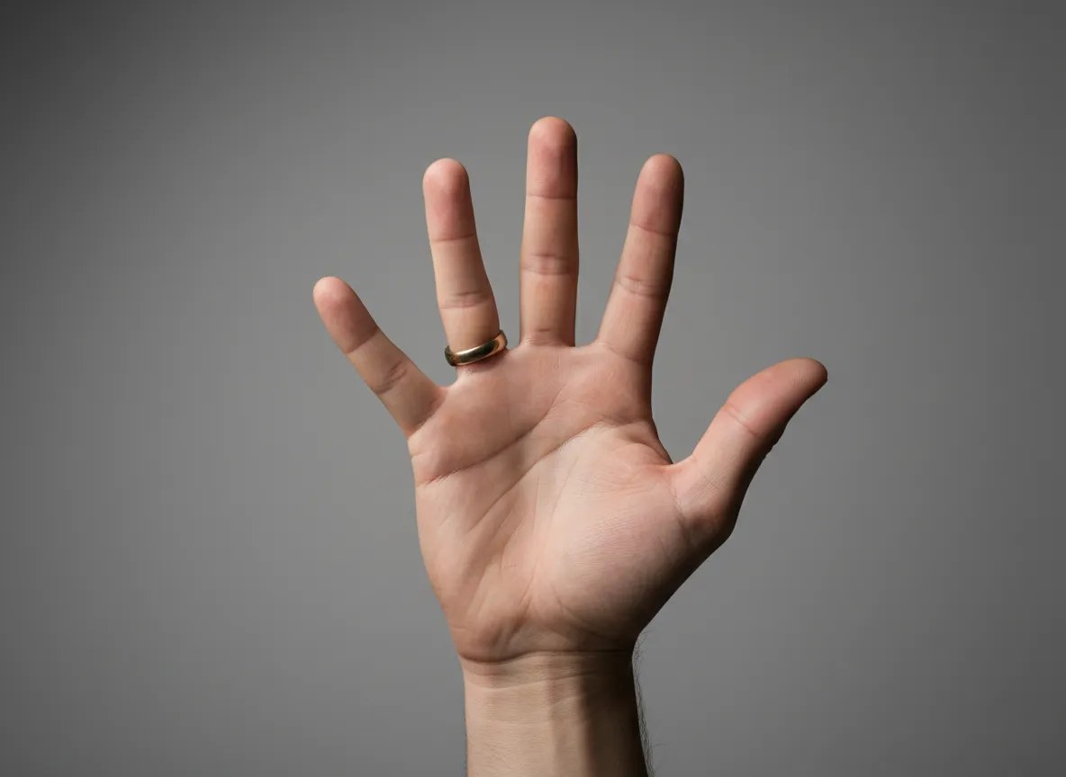 An AI-generated open palm on a soft grey studio backdrop with six digits — five fingers crowded together plus a thumb — the classic generator failure