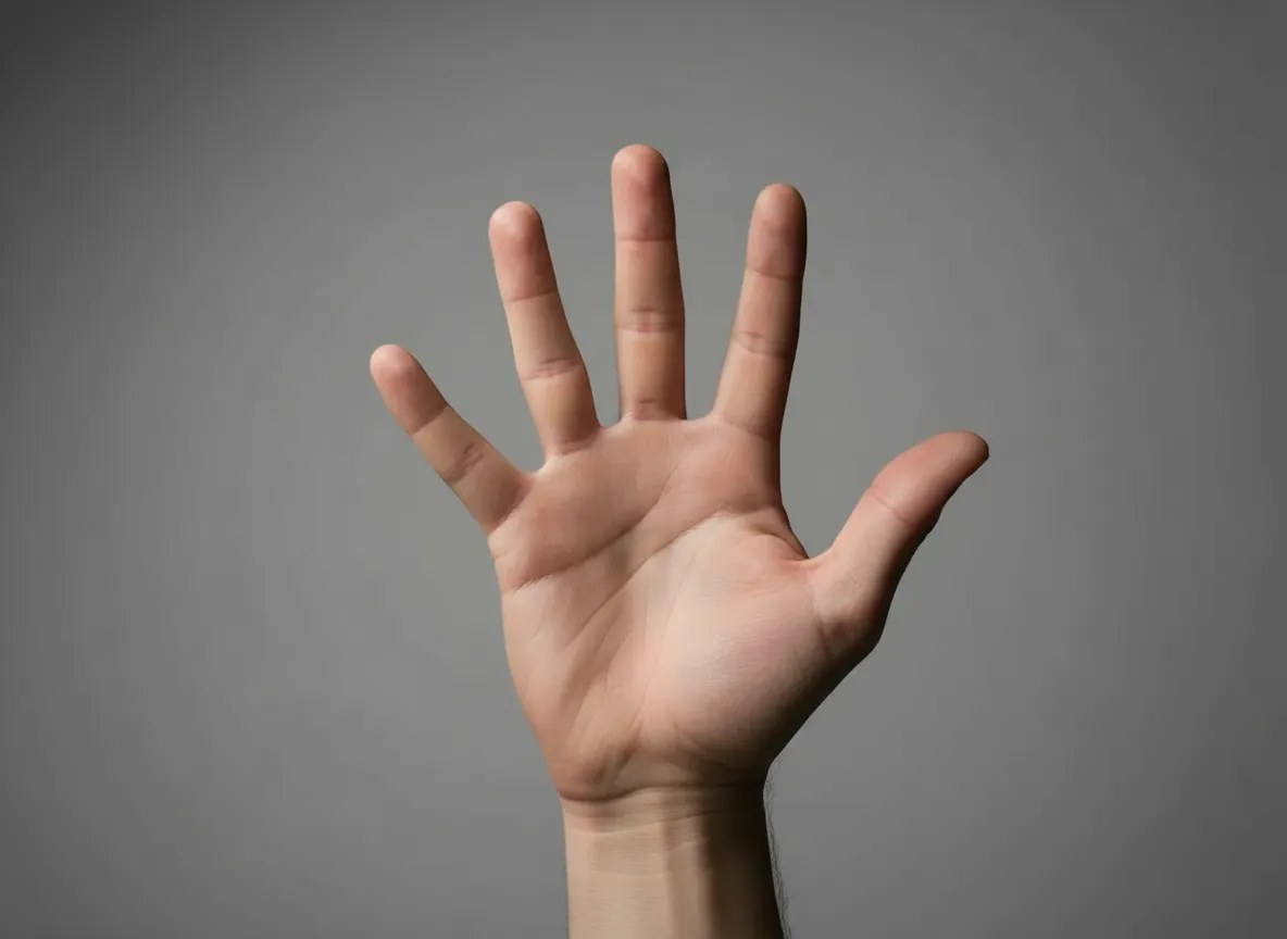 The same open palm after repair: four fingers and a thumb with natural joint spacing, while the skin tone, lighting and pose stay exactly as generated