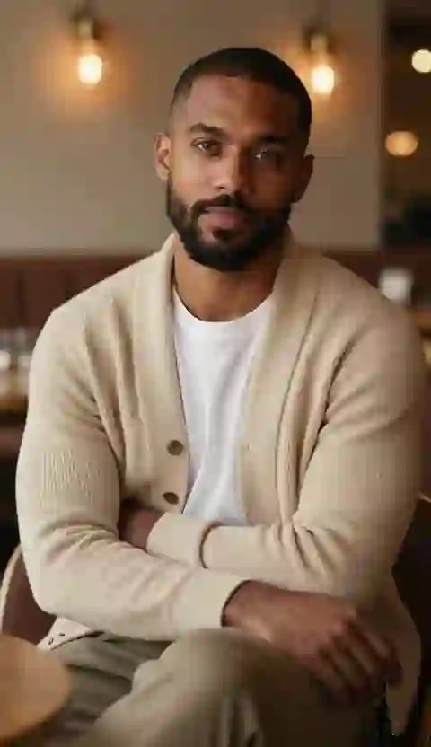 A bearded man in a cream cardigan and white tee sitting in a café under warm pendant lights, facing the camera with his mouth closed — the still photo you upload