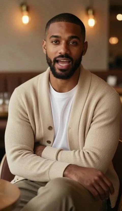 A frame from the finished video: the same man in the same seat, caught mid-sentence with his mouth open on a word, the café and his pose unchanged