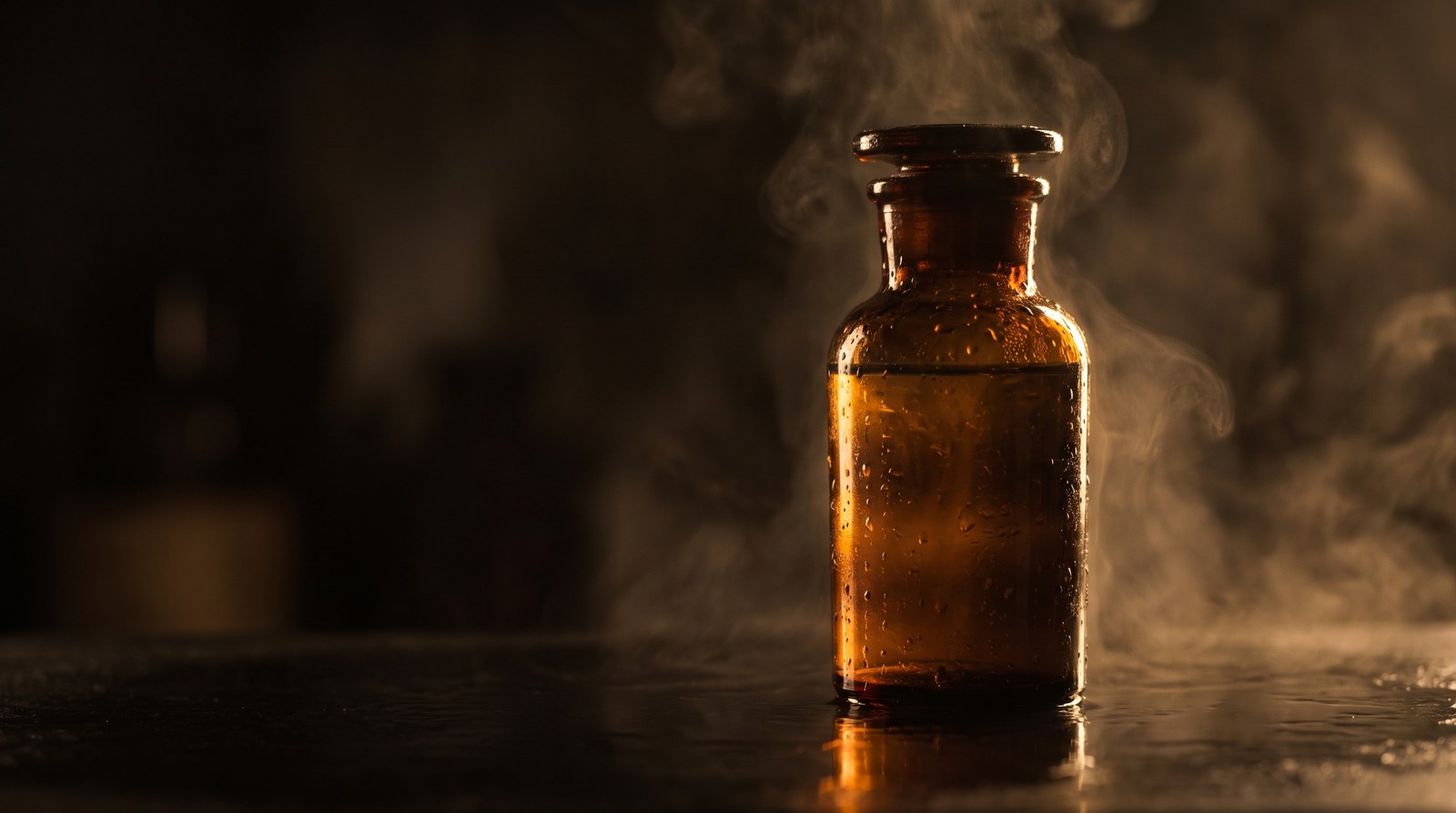 A plain unmarked amber glass bottle beaded with cold condensation on a wet black surface, lit from behind through drifting haze — an example of the cinematic frames the builder composes into a page
