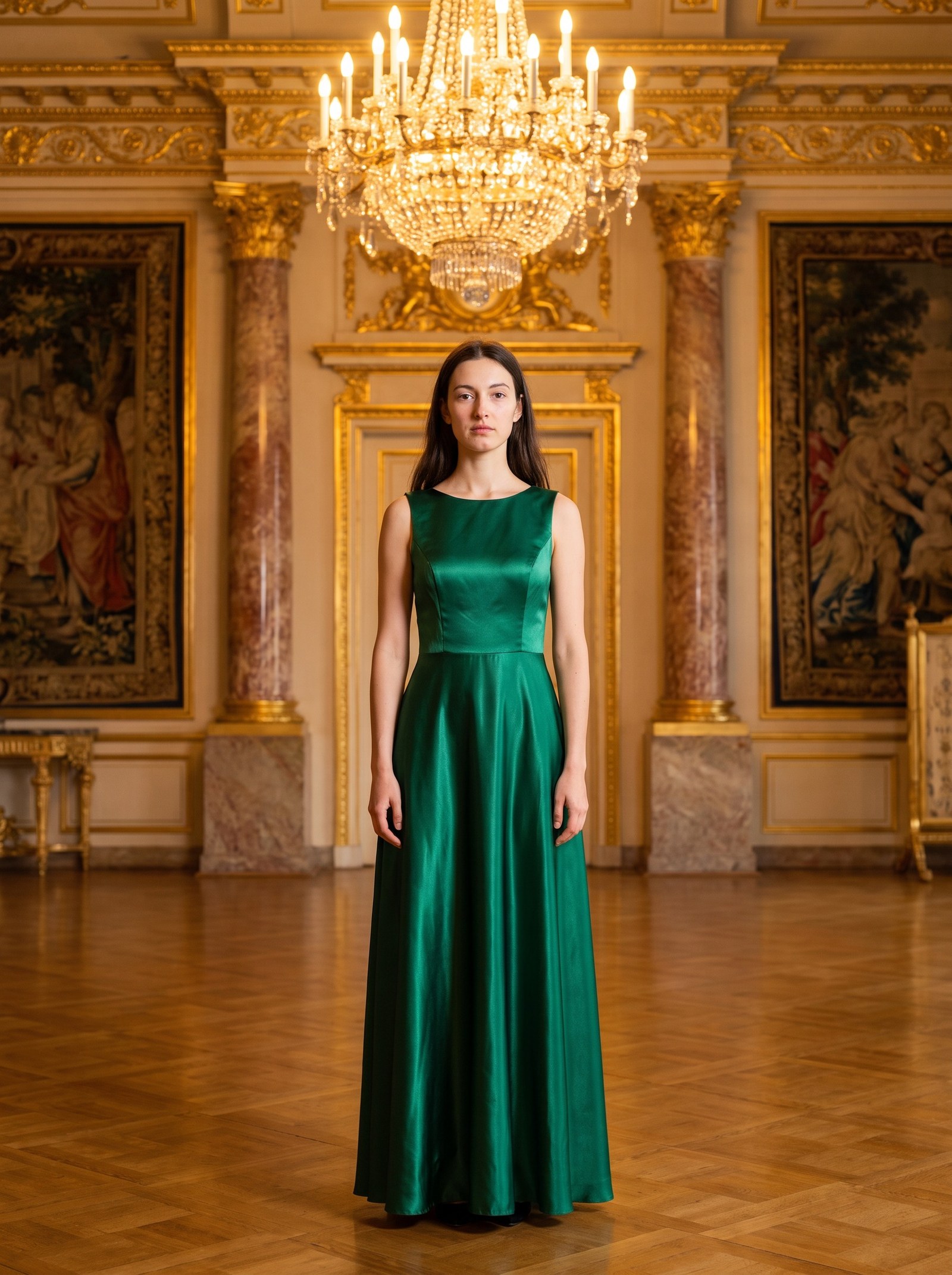 The same woman, same face and same pose, now in an emerald green satin gown inside a chandelier-lit gilded ballroom — the result of one written instruction