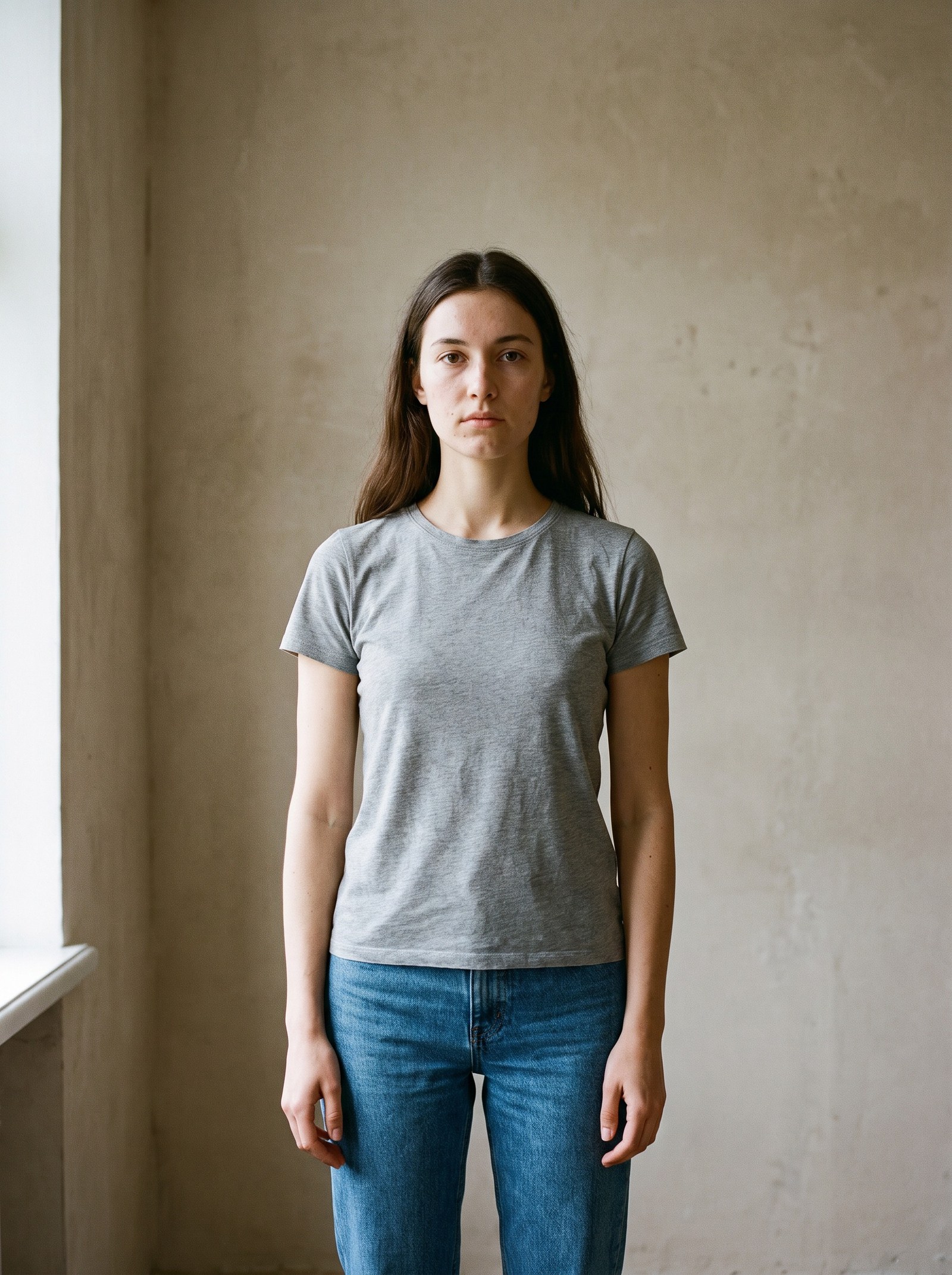 A young woman photographed straight-on in a bare beige room, wearing a plain grey crew-neck T-shirt — the unedited source photo