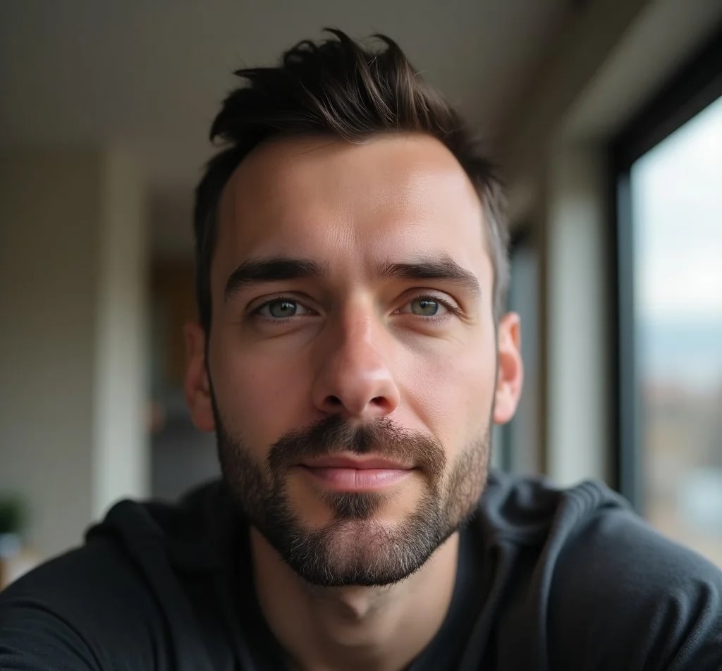 AI-generated close-up of a bearded man beside a window, with the flat, over-smoothed skin that gives AI portraits away