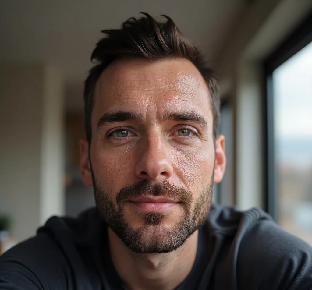 The same portrait after the detail pass: pore texture across the forehead and cheeks, fine lines around the eyes and separated beard hairs, with the face, pose and light unchanged