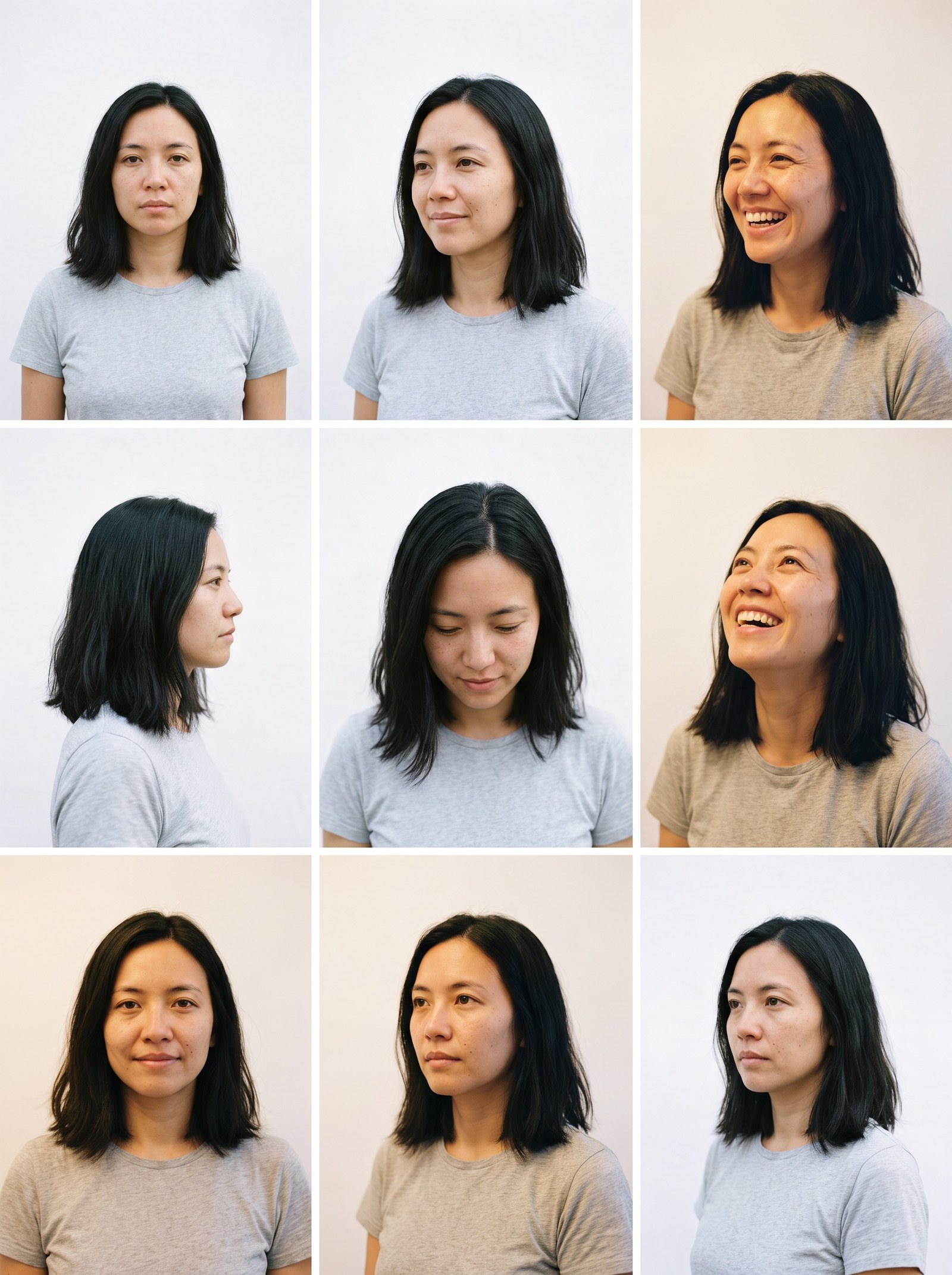 A contact sheet of nine frames built from that one reference — the same woman front on, three-quarter each way, in profile, chin down, looking up, with a slight smile, neutral and laughing, across soft window light and warm indoor light