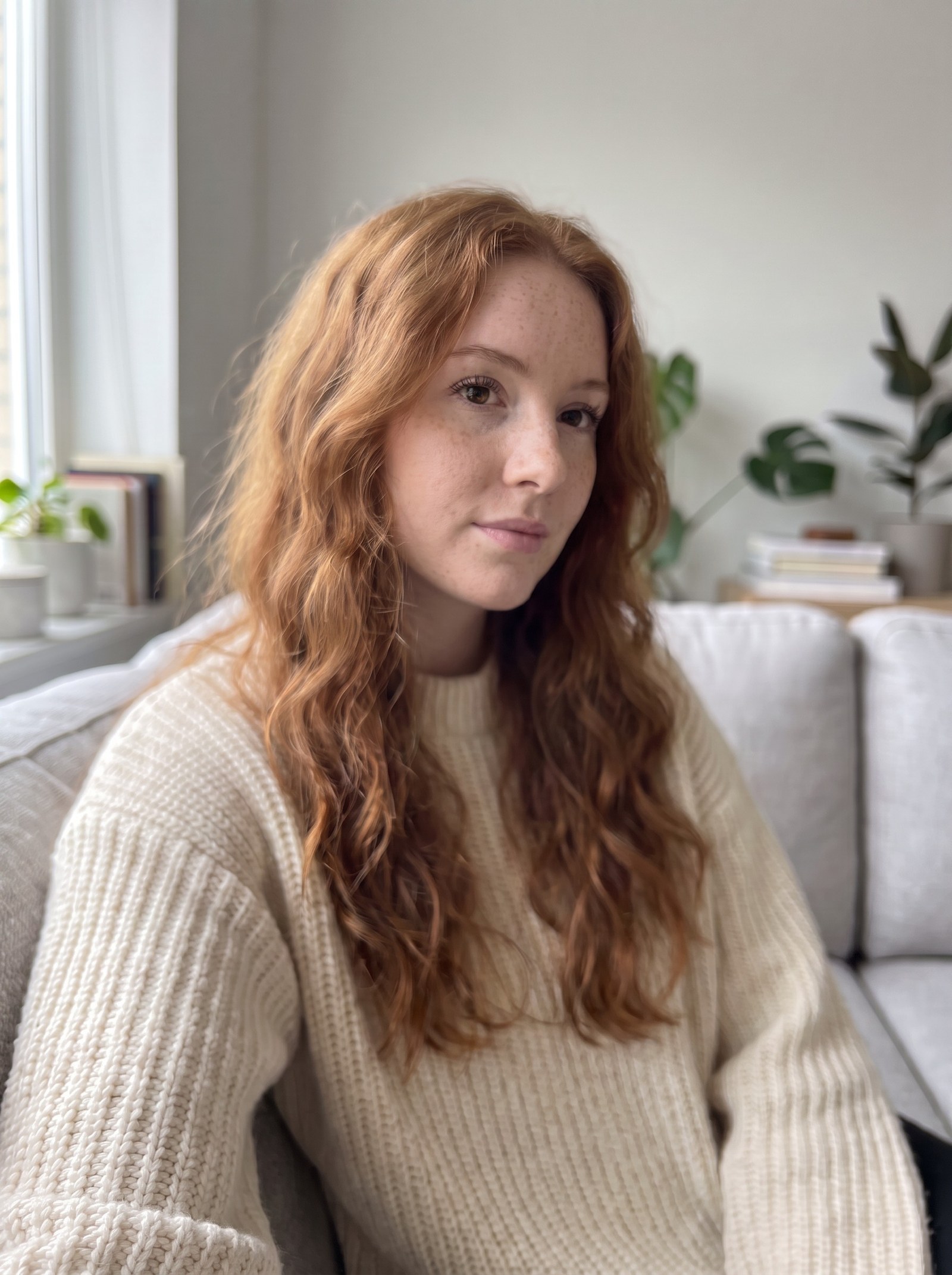 The same photograph after the repair: identical pose, sweater, sofa, room and light, with real skin texture and her freckles back, individual auburn strands separated, eyelashes and catchlights sharp, and the ribbed stitch clearly resolved