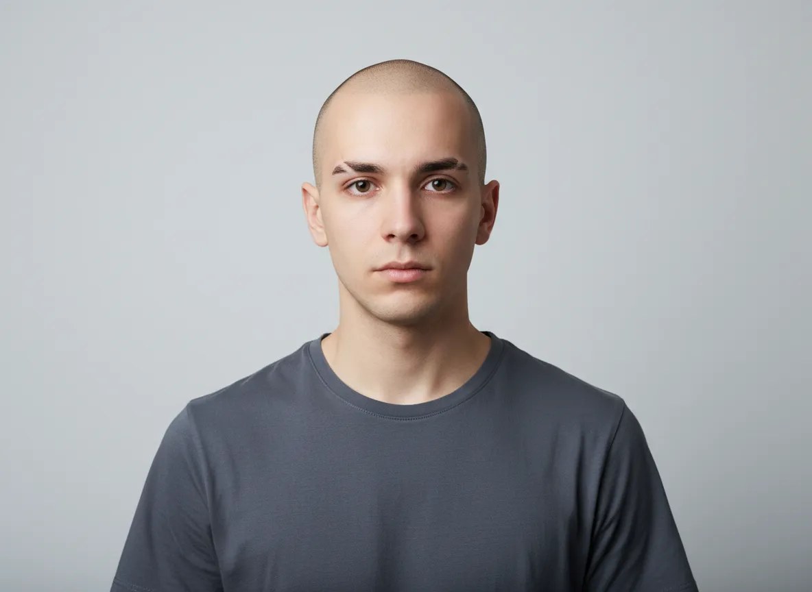The reference photograph: a young man with a shaved head and a notch through his left eyebrow, in a plain slate-grey T-shirt, square to camera under flat even light against a blank pale wall