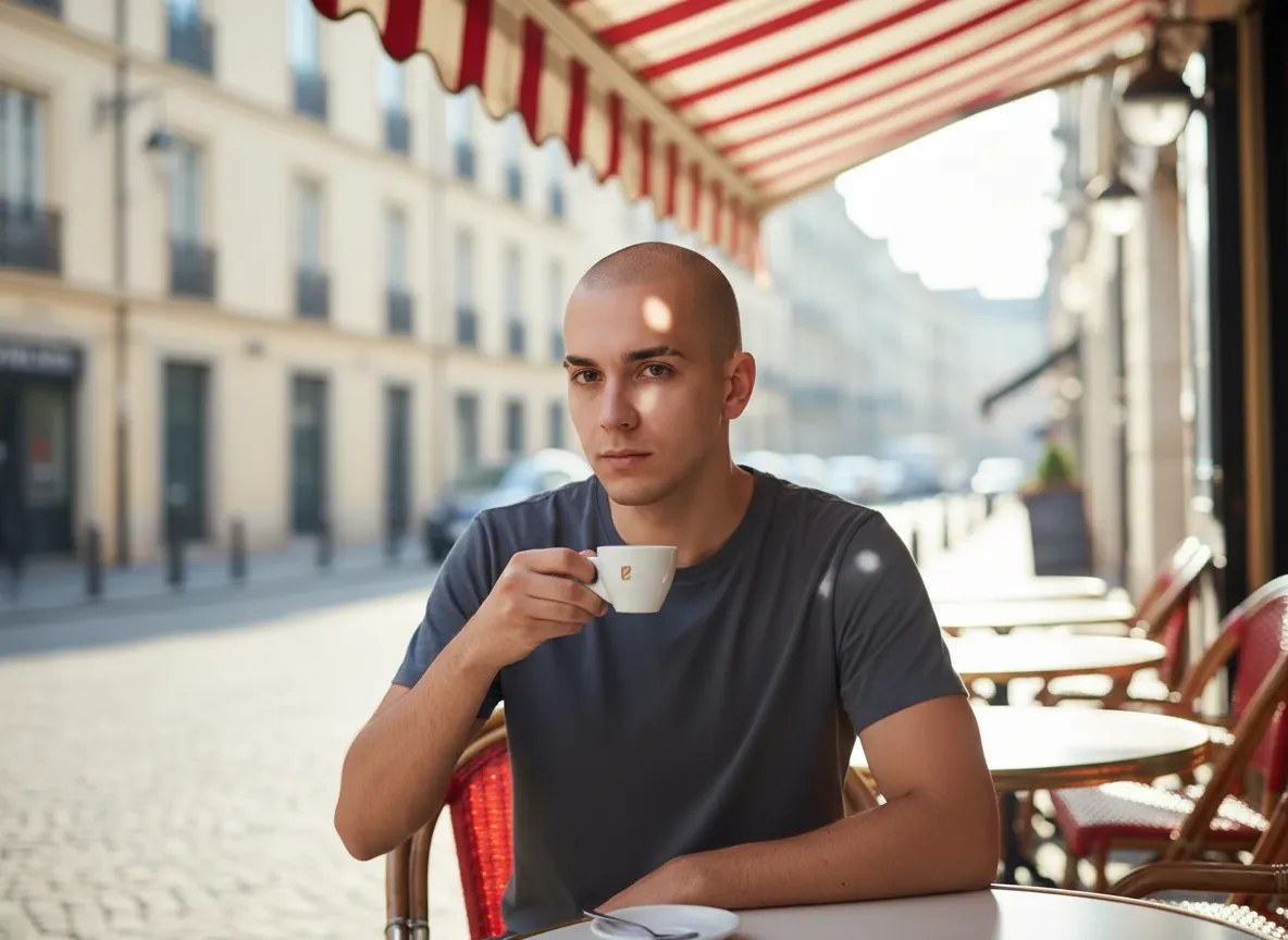 The same man from that one photograph — same shaved head, same eyebrow notch, same slate-grey T-shirt — now seated at a pavement café under a red-and-white striped awning with an espresso cup, a cobbled street and cream stone facades behind him in morning sun