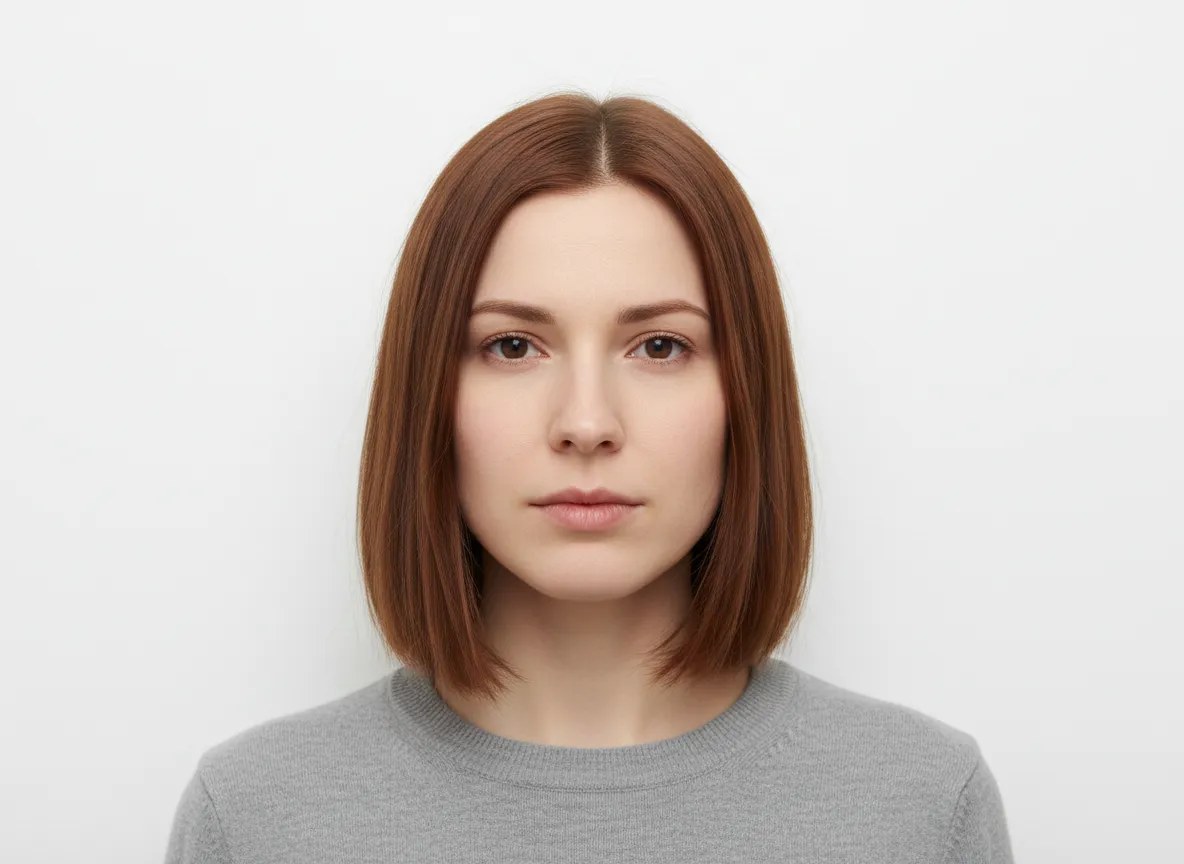 The reference portrait the model was trained from — a woman with auburn shoulder-length hair in a grey crew-neck sweater against a plain white studio wall