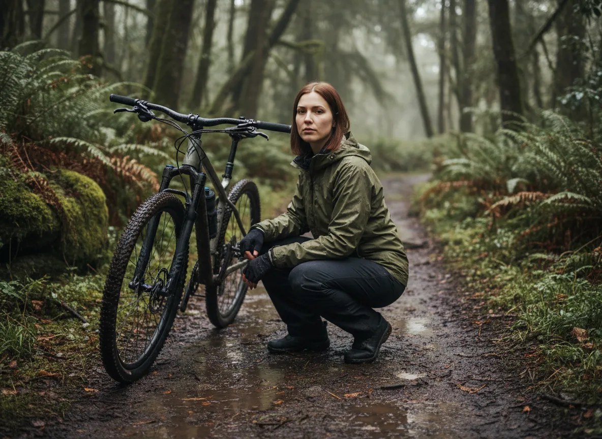 The same woman generated in a scene that was never photographed — crouched beside a mountain bike on a wet forest trail, in an olive rain shell under flat overcast light