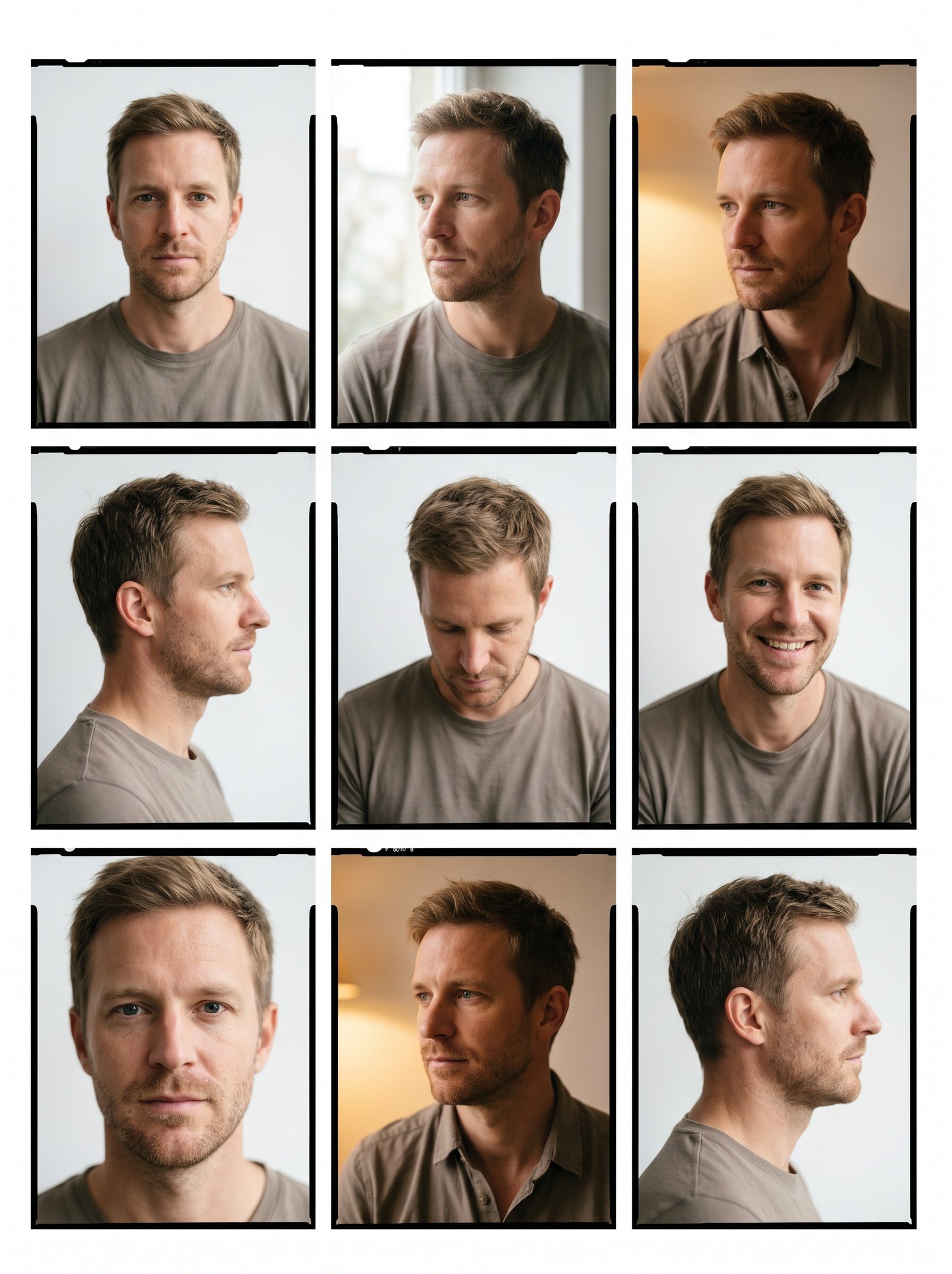 A training set laid out as a three-by-three contact sheet on white: nine reference photographs of the same man — front on, three-quarter to each side, in profile, looking down, smiling and neutral, some in daylight and some in warm indoor light