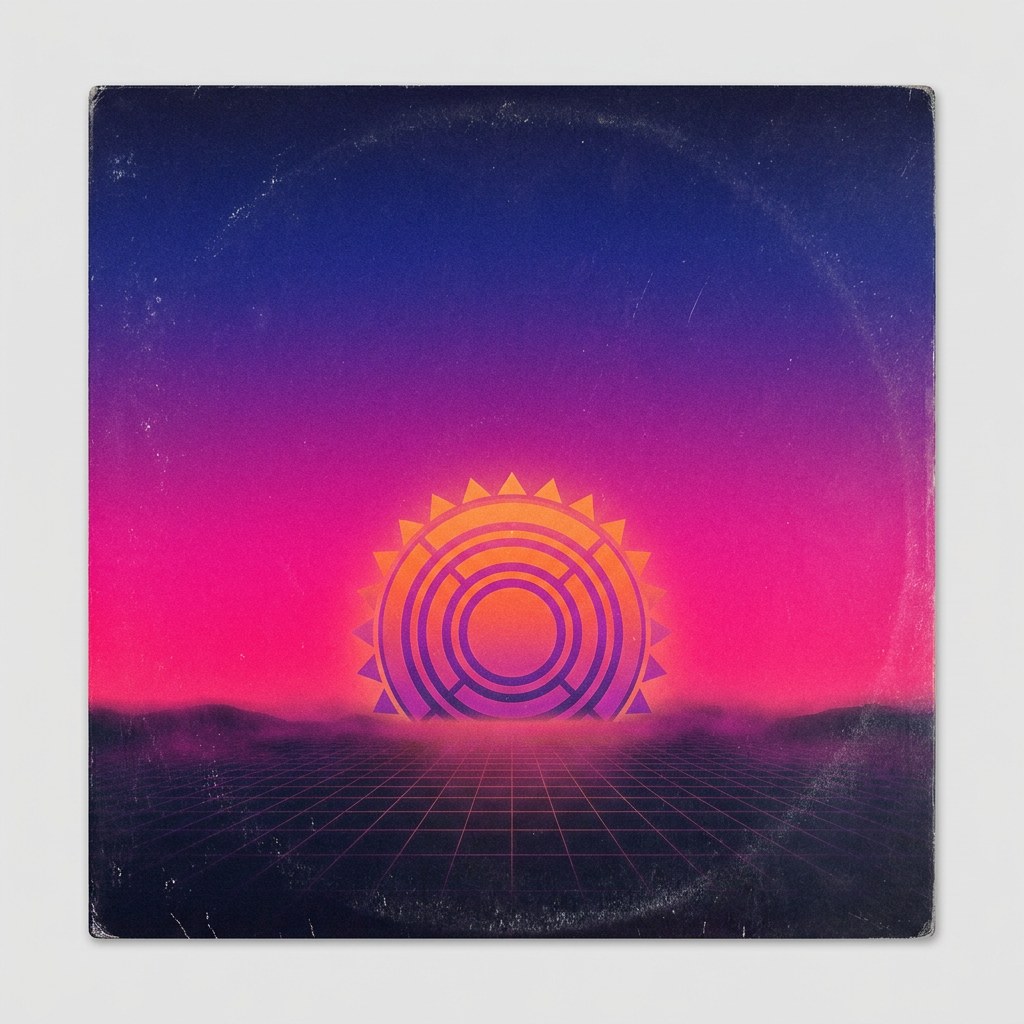 A square synthwave album cover: a geometric sun low over a grid horizon, indigo shading into magenta, no lettering