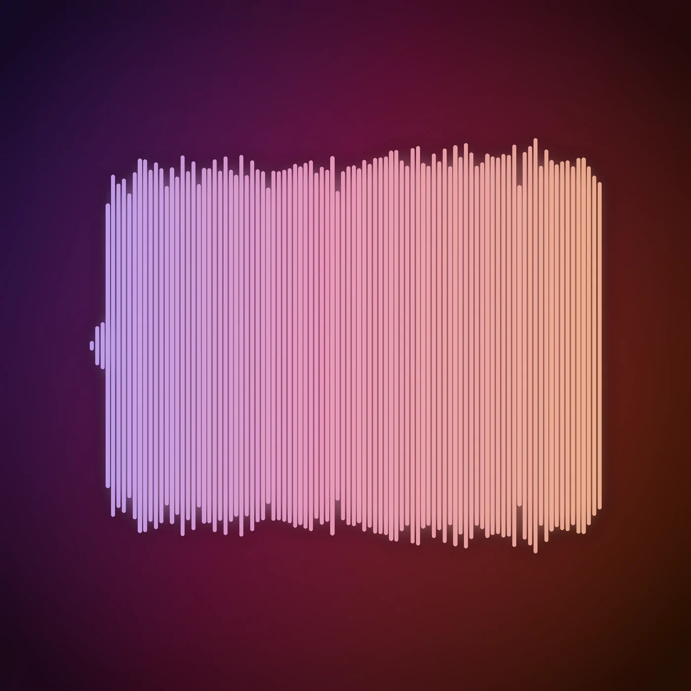 A waveform rendered from one of the generated tracks below — rounded vertical bars on a deep plum ground, entering at almost full height after a single short stub at the left and holding a broad, even body across the whole track, the bars warming from lavender through pink to peach from left to right