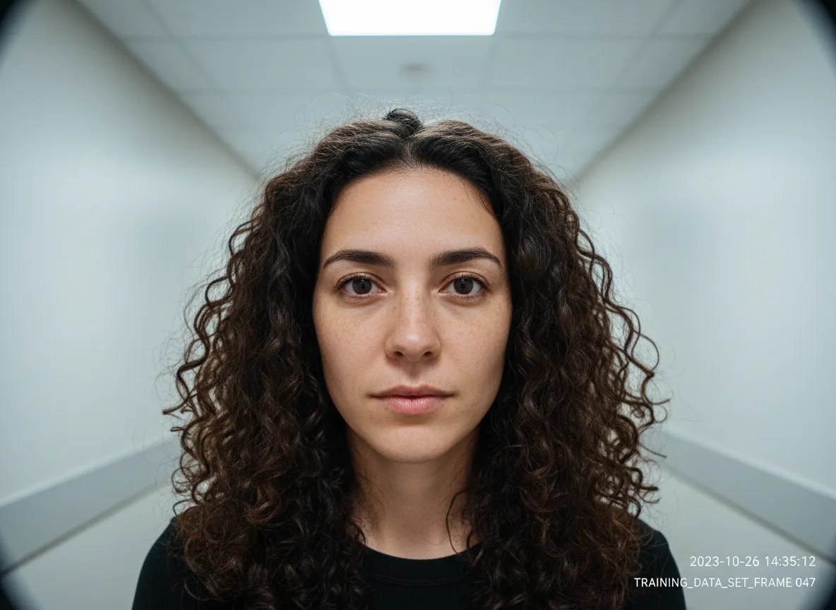 A training-set frame — a woman with dark curly hair looking straight into the lens under corridor strip-lighting, the frame stamped as training data