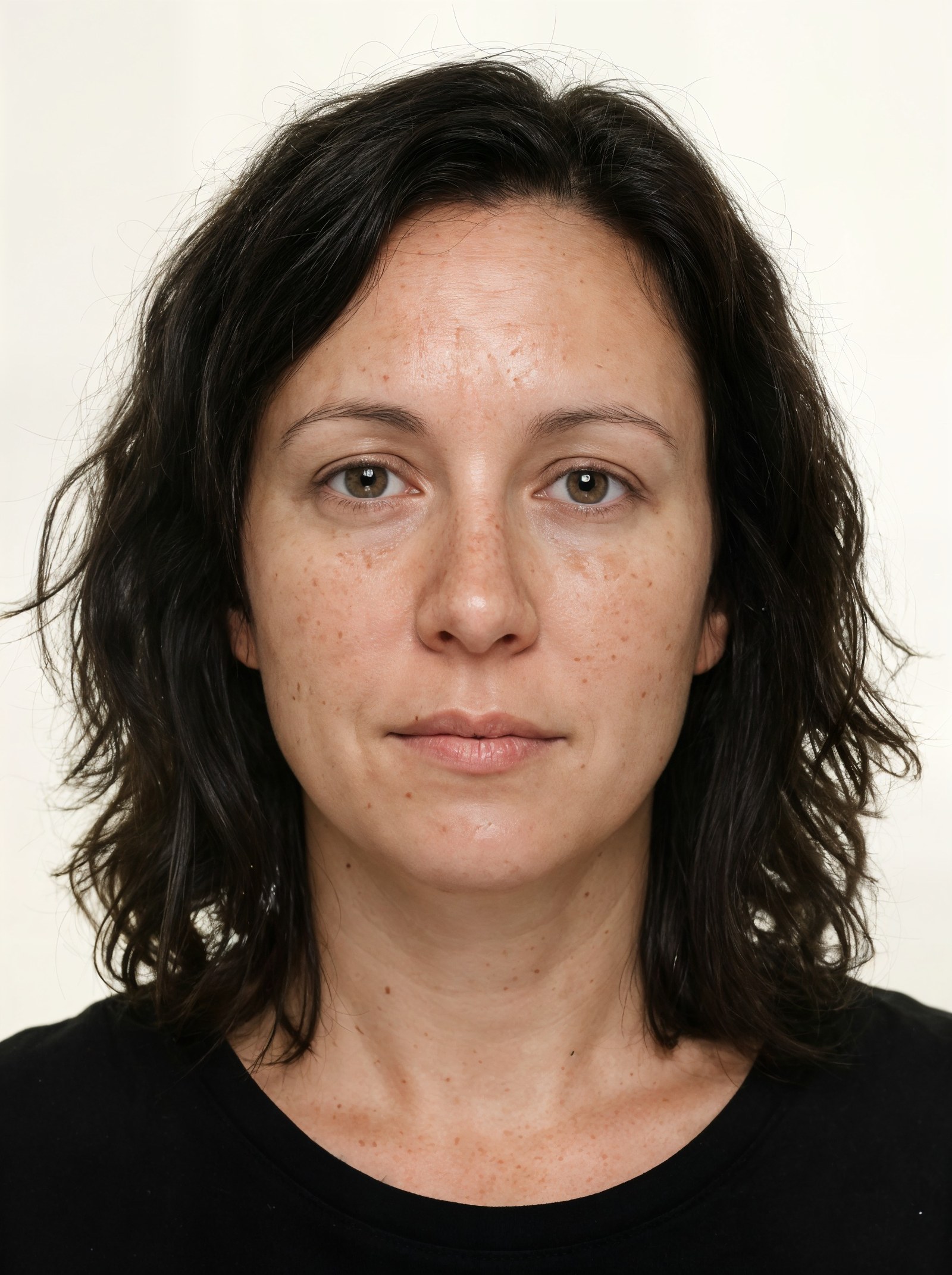 The same woman as an evenly lit, centred passport photo on a plain off-white background